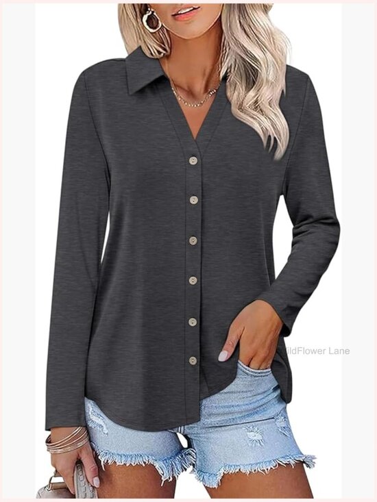 Tops - Long Sleeve Button Down Shirt Dressy Casual Tunic Top